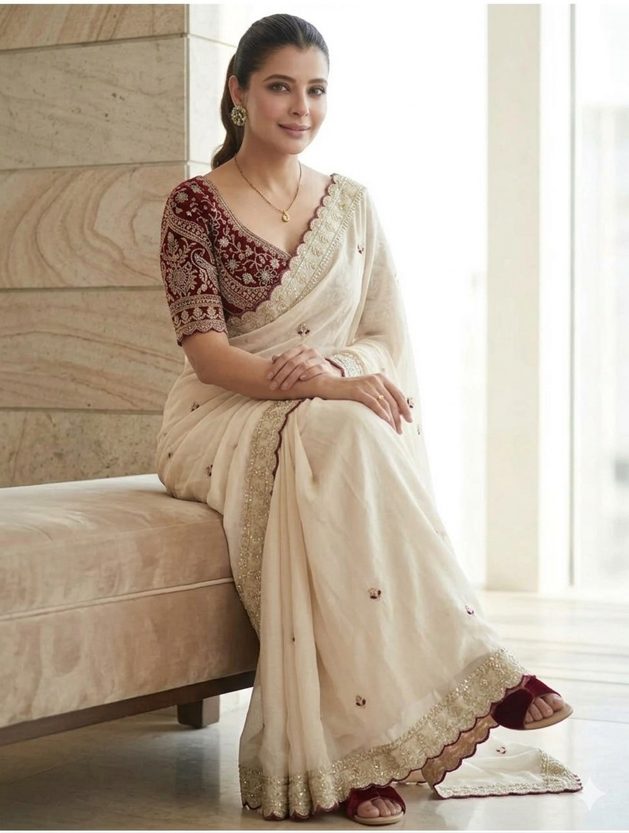 Peachmode Cream Rangoli Silk Saree with Sequins Embroidery - Image 3