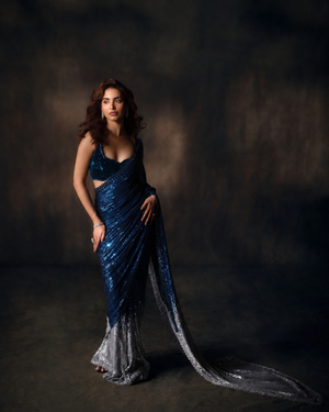 Peachmode Blue Georgette Saree with Sequins Work - Image 1