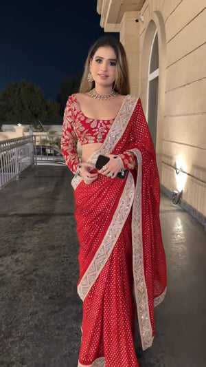 Peachmode Red Georgette Saree with Sequin Embroidery and Scalloped Border - Image 1