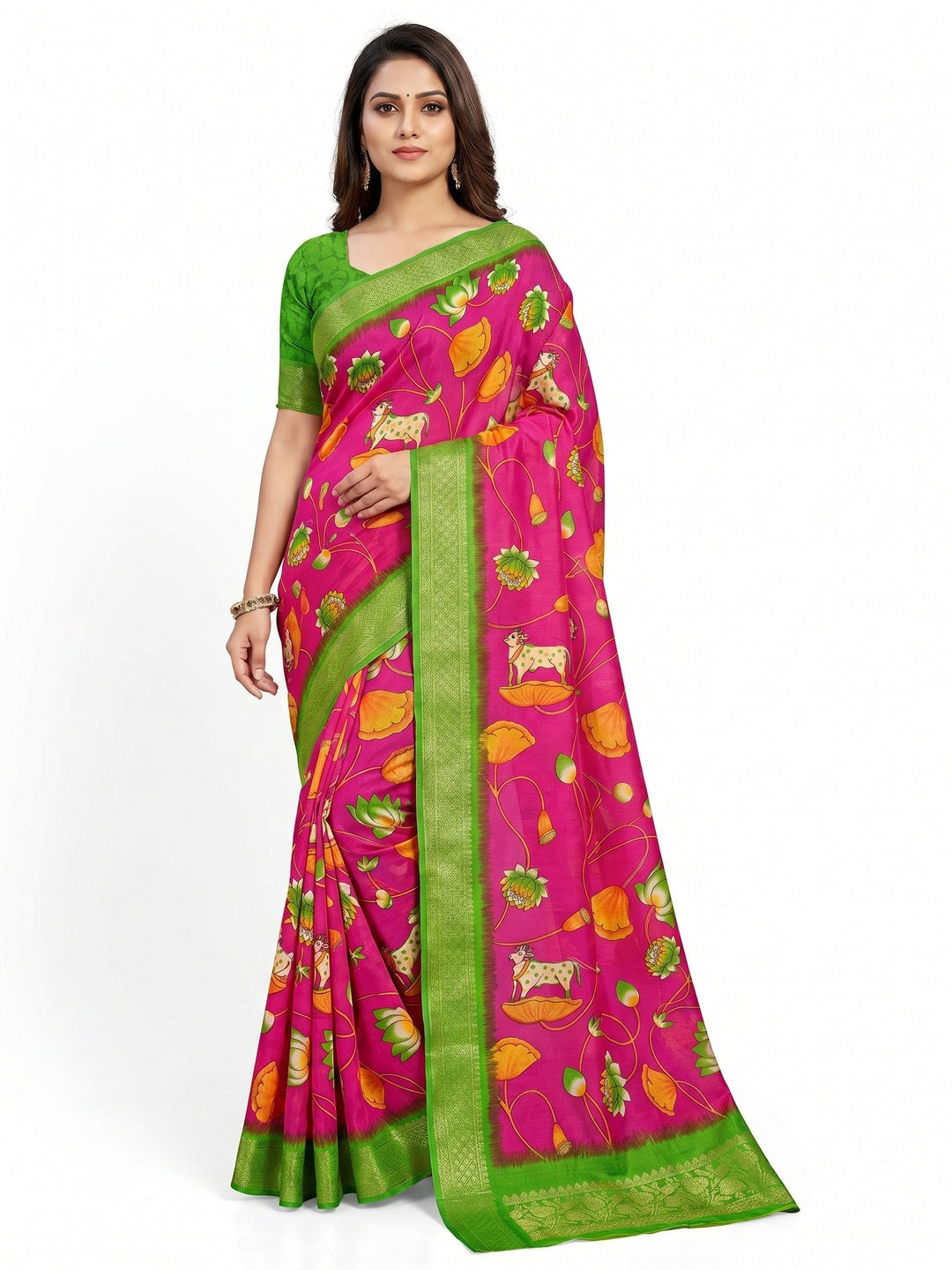 Rani Pink Floral Printed Dola Silk Saree - Image 1