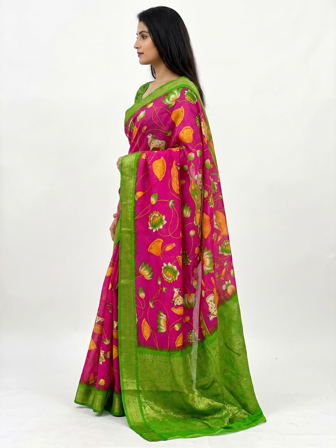 Rani Pink Floral Printed Dola Silk Saree - Image 2