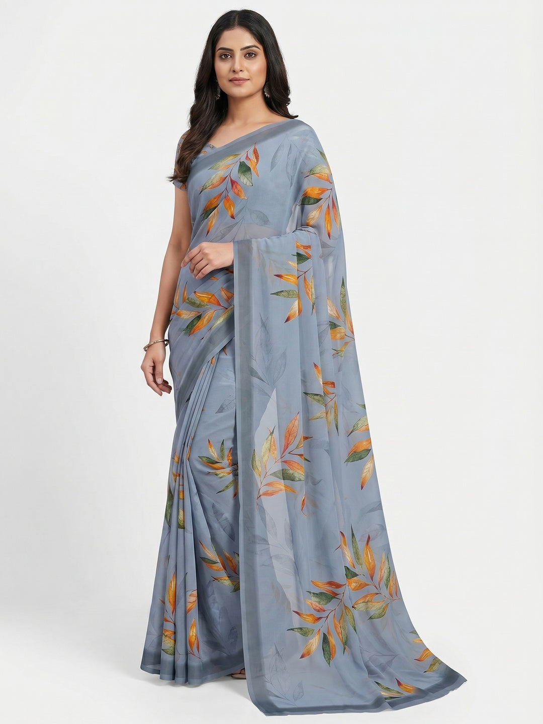 Grey Floral Digital Printed Georgette Saree - Image 1