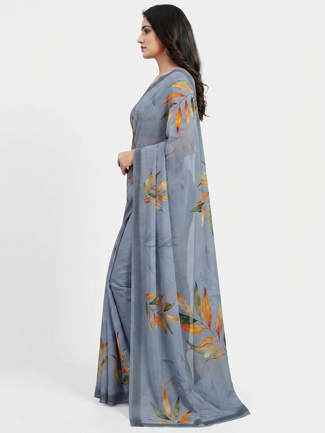 Grey Floral Digital Printed Georgette Saree - Image 3