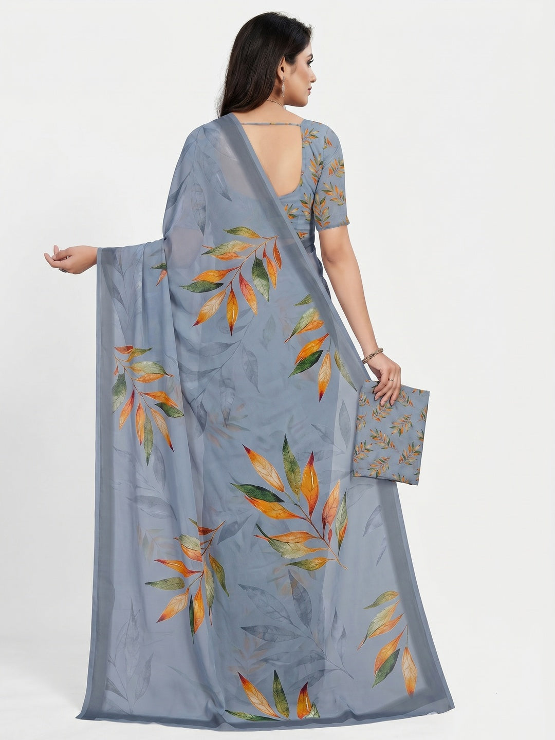 Grey Floral Digital Printed Georgette Saree - Image 2