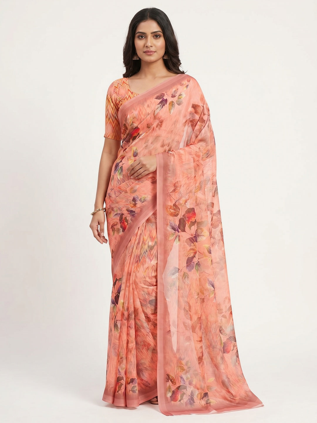 Peach Floral Digital Printed Georgette Saree - Image 1