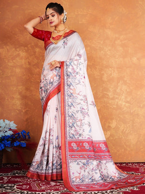 Graceful Light Peach Blossom Digital Print Dola Silk Saree with Designer Work - Image 1