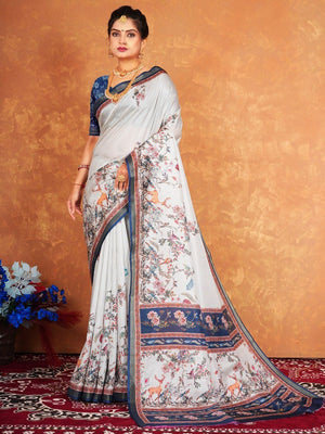 Graceful Light Grey Blossom Digital Print Dola Silk Saree with Designer Work - Image 1
