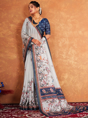Graceful Light Grey Blossom Digital Print Dola Silk Saree with Designer Work - Image 2