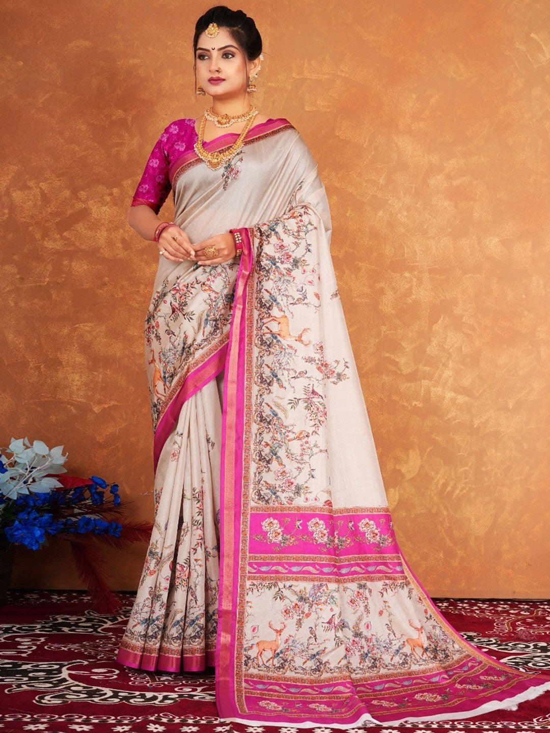 Graceful Chikoo Blossom Digital Print Dola Silk Saree with Designer Work - Image 1