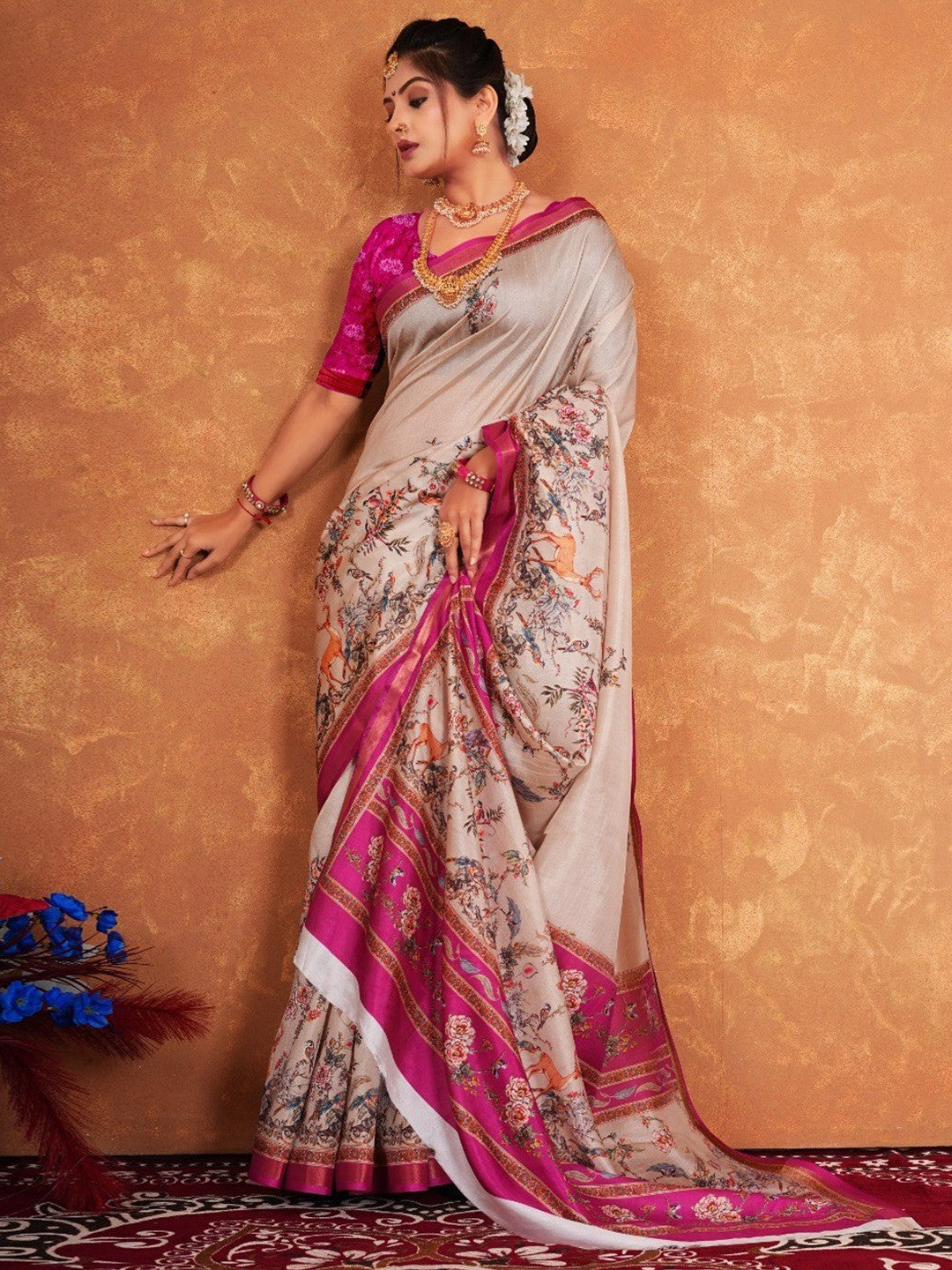 Graceful Chikoo Blossom Digital Print Dola Silk Saree with Designer Work - Image 2