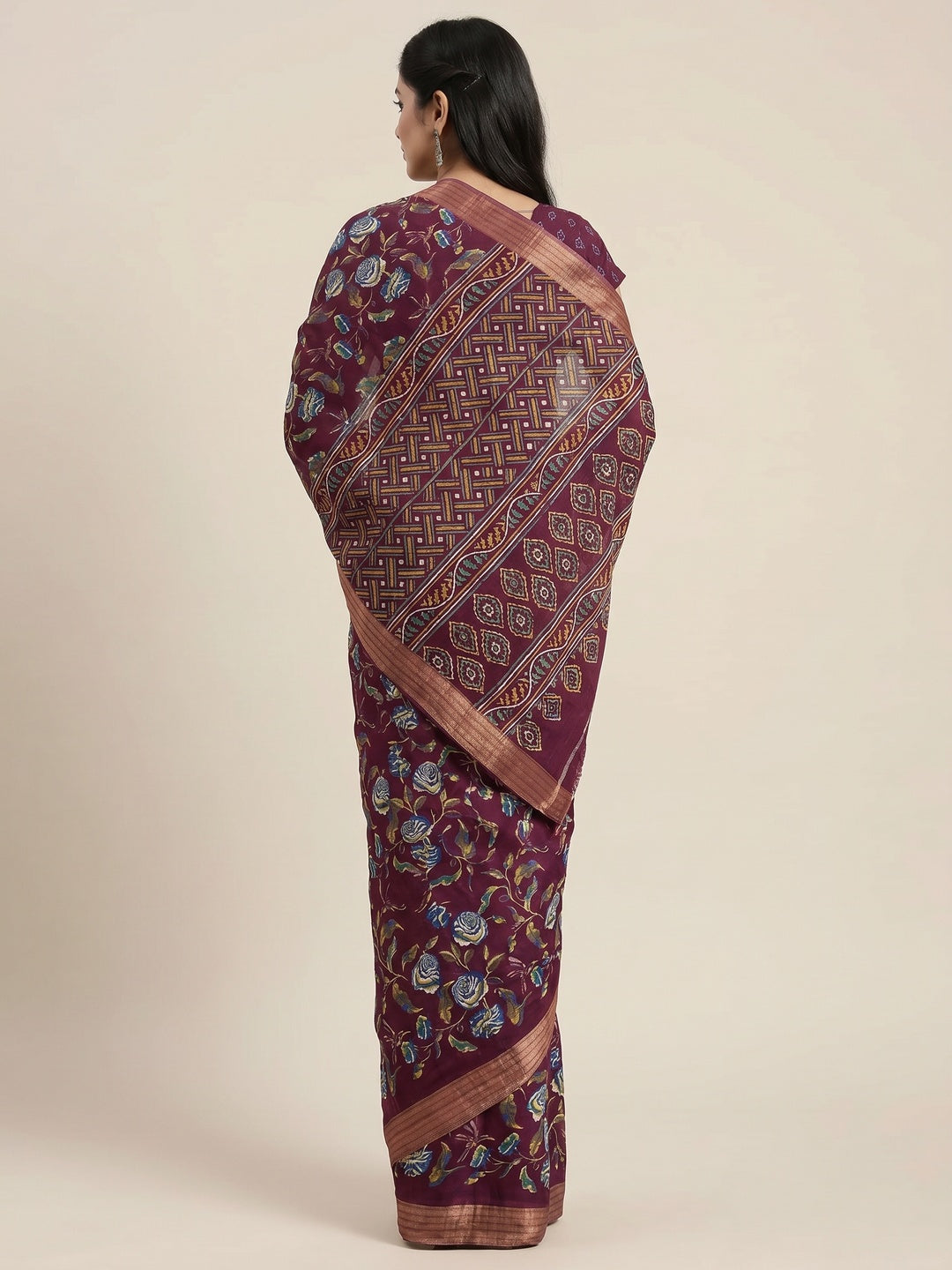 Wine Floral Printed Cotton Blend Saree - Image 1