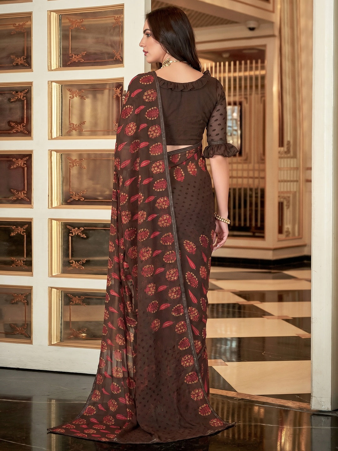 Brown Floral Printed Georgette Saree with Stich Border - Image 1