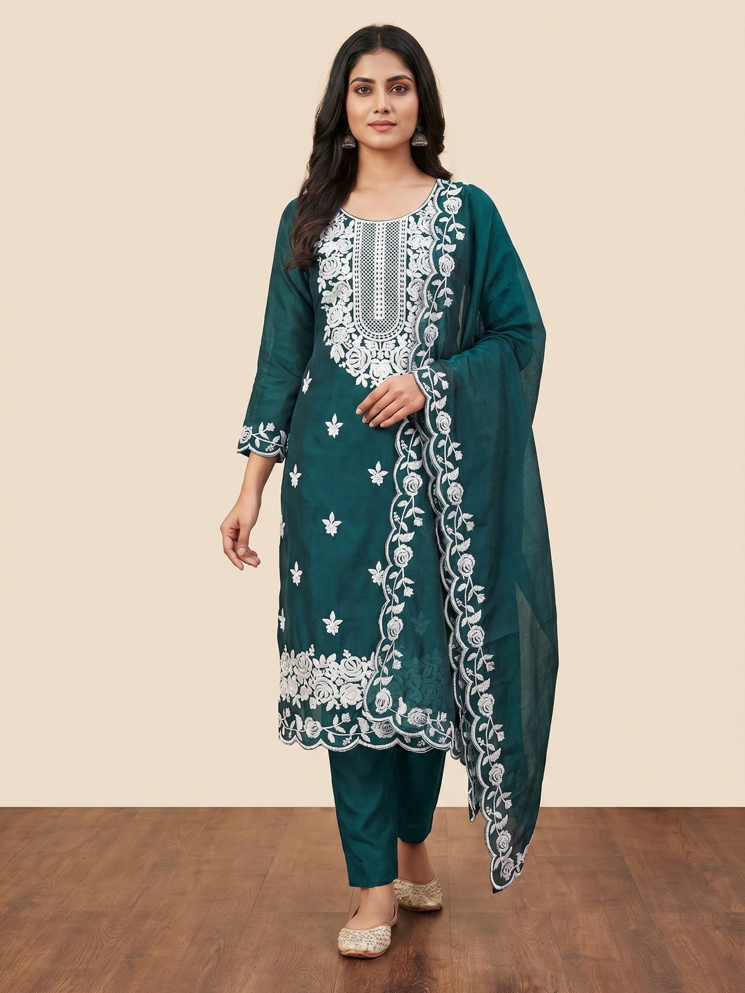 Morpich Floral Embroidered Chanderi Dress Material - Image 1