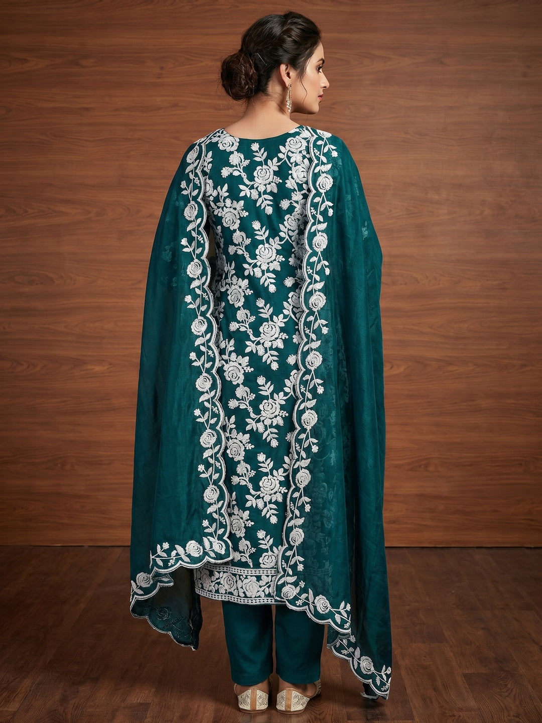 Morpich Floral Embroidered Chanderi Dress Material - Image 2