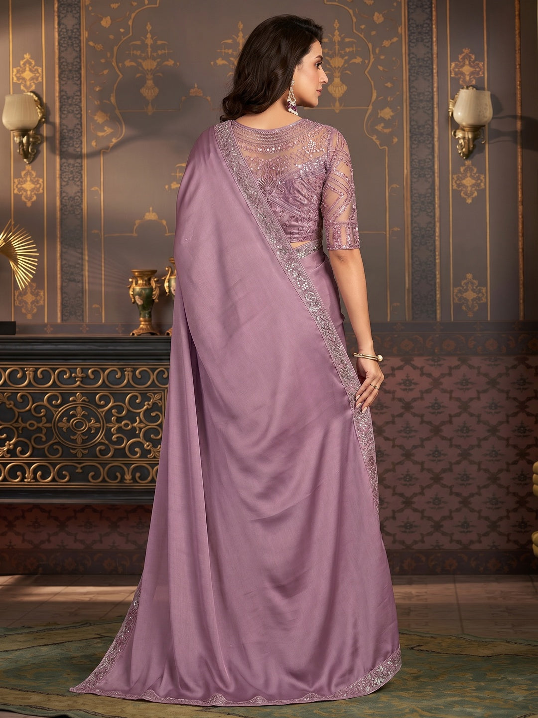 Mauve Embroidered Satin Saree - Image 1