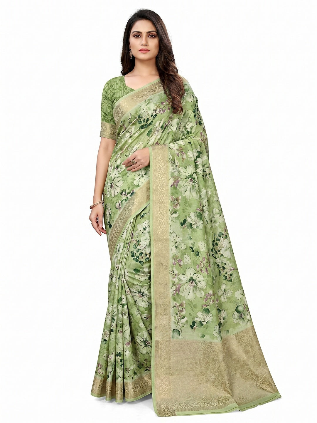 Green Floral Printed Dola Silk Saree With Weaving Border - Image 1