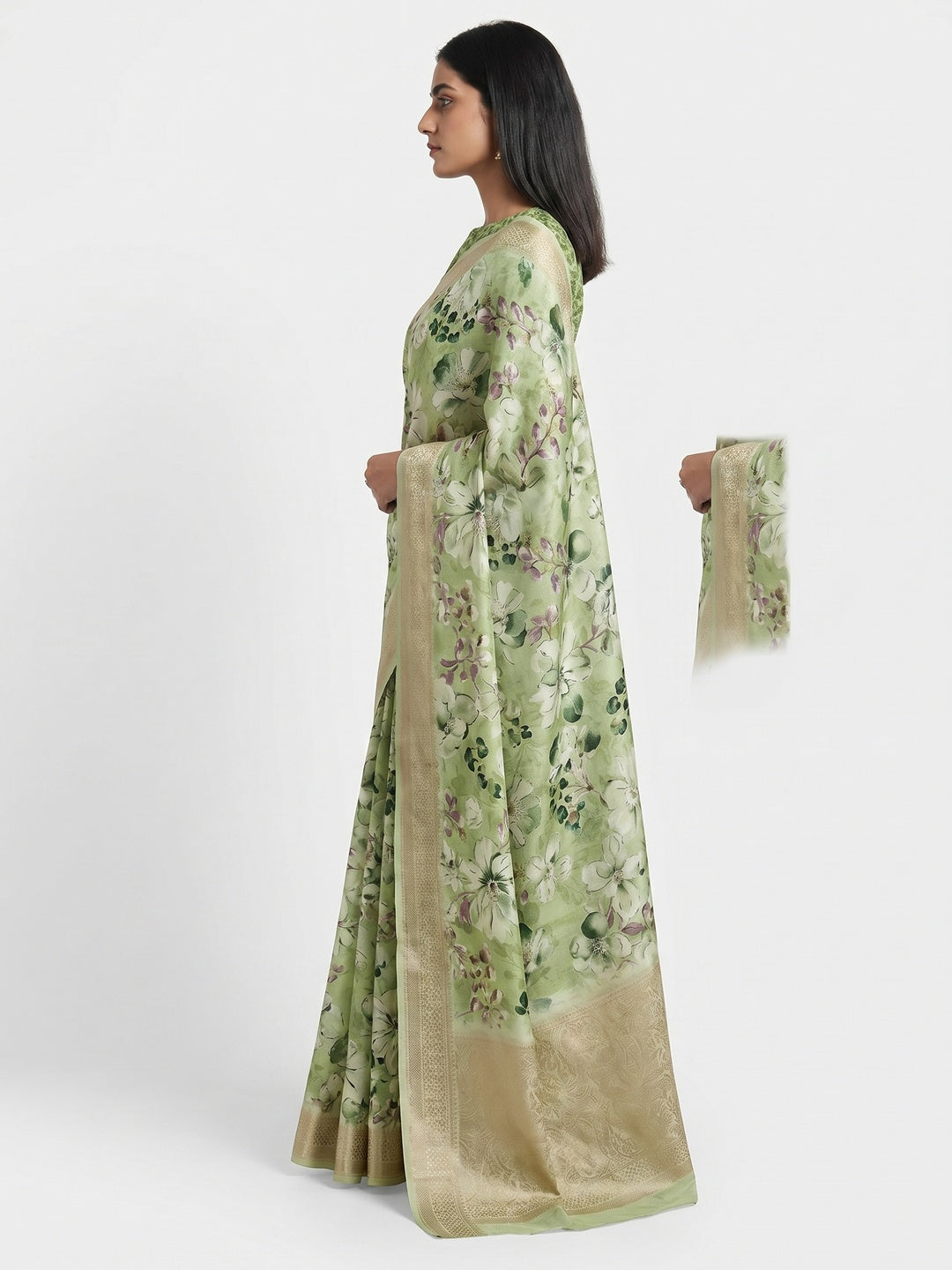 Green Floral Printed Dola Silk Saree With Weaving Border - Image 2
