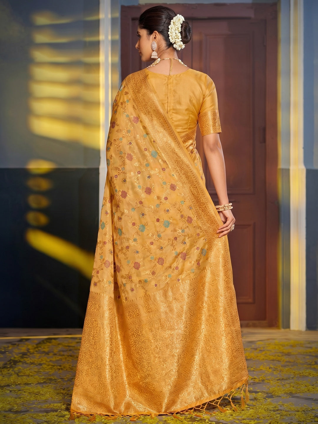Mustard Floral Woven Banarasi Silk Saree With Tassels - Image 2