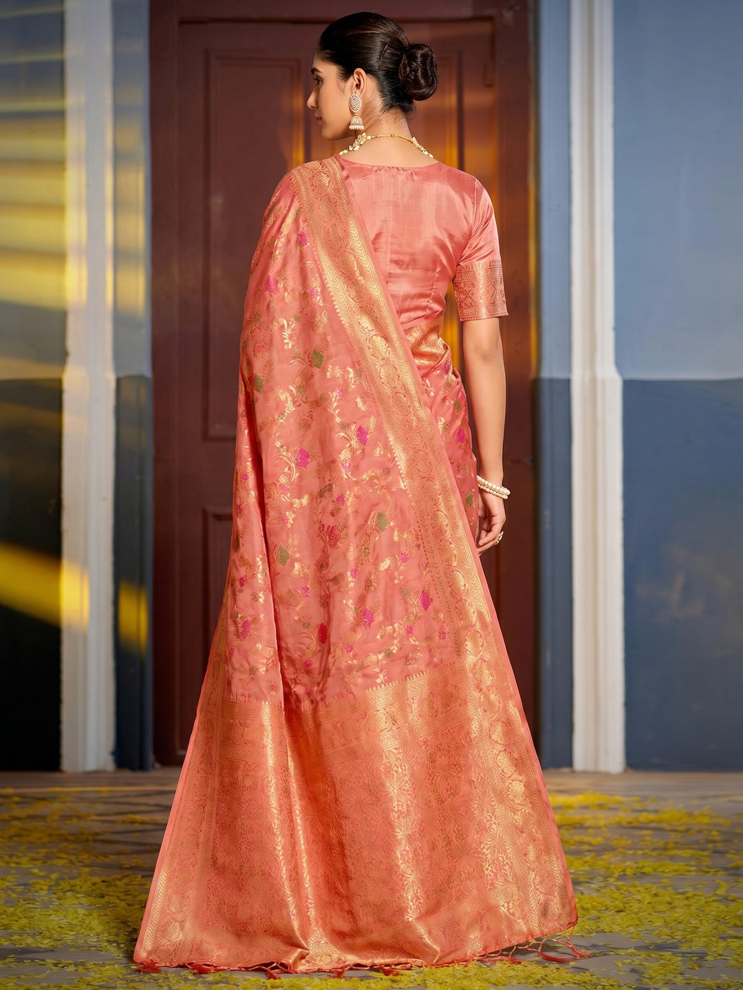 Peach Floral Woven Banarasi Silk Saree With Tassels - Image 1