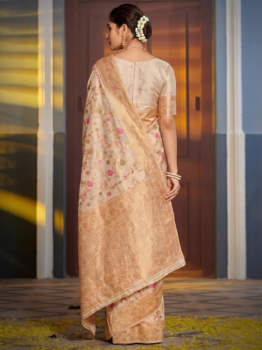 Cream Floral Woven Banarasi Silk Saree With Tassels - Image 1