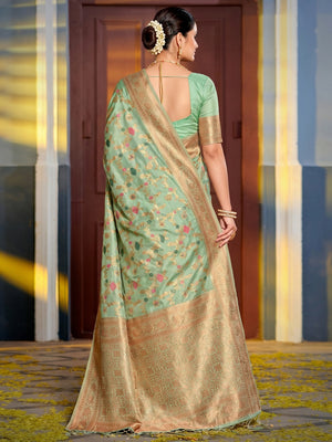 Sea Green Floral Woven Banarasi Silk Saree With Tassels - Image 1