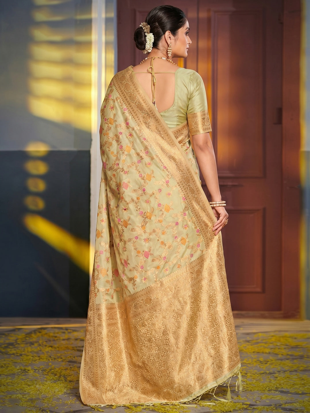 Light Green Floral Woven Banarasi Silk Saree With Tassels - Image 1