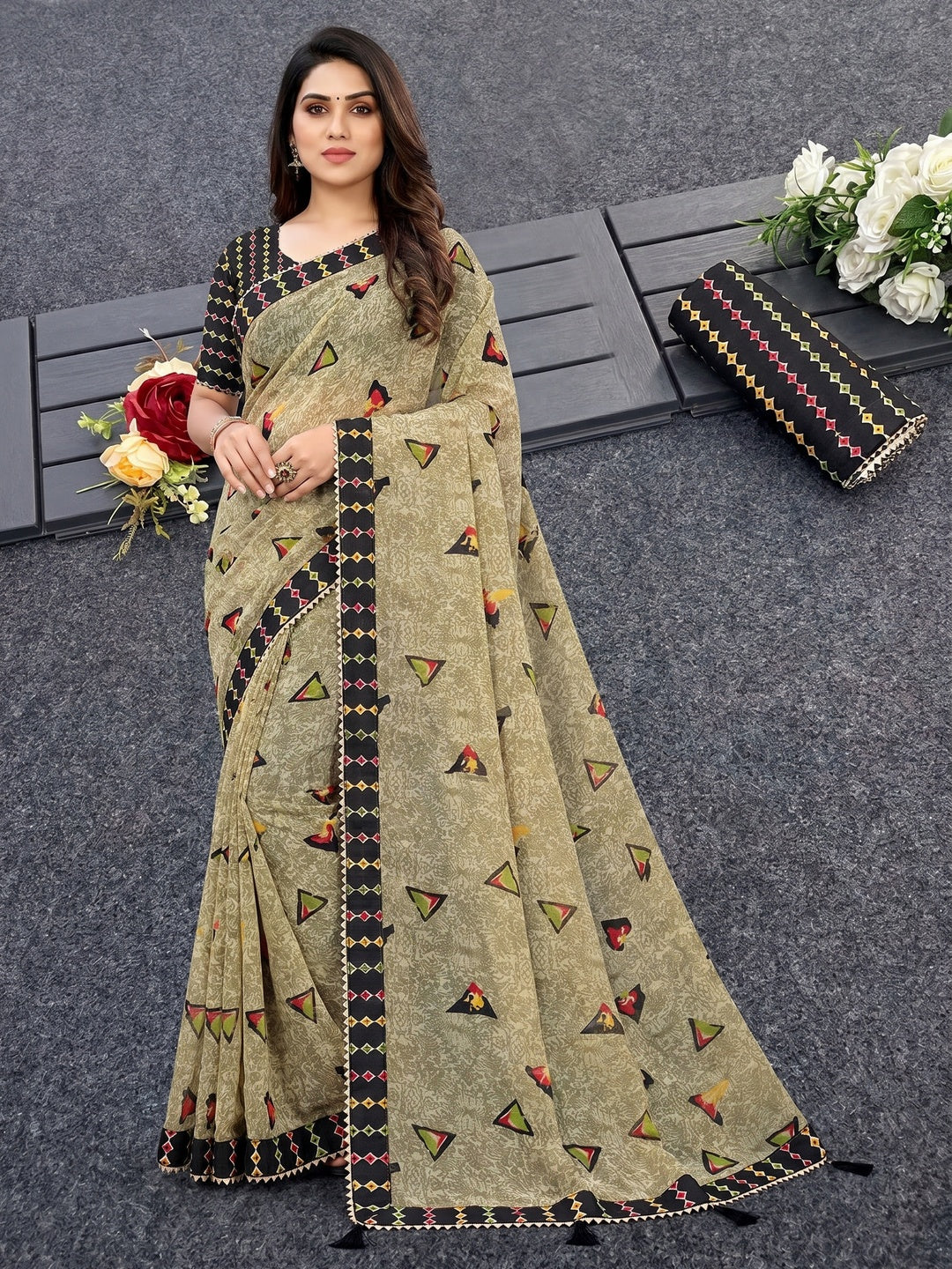 Dark Tan Geometric Printed Georgette Saree With Lace Border - Image 1