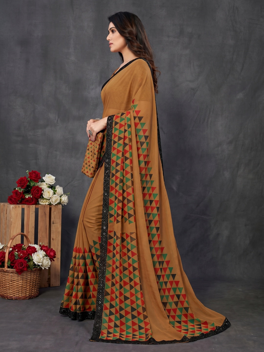 Dark Tan Geometric Printed Georgette Saree With Lace Border - Image 3