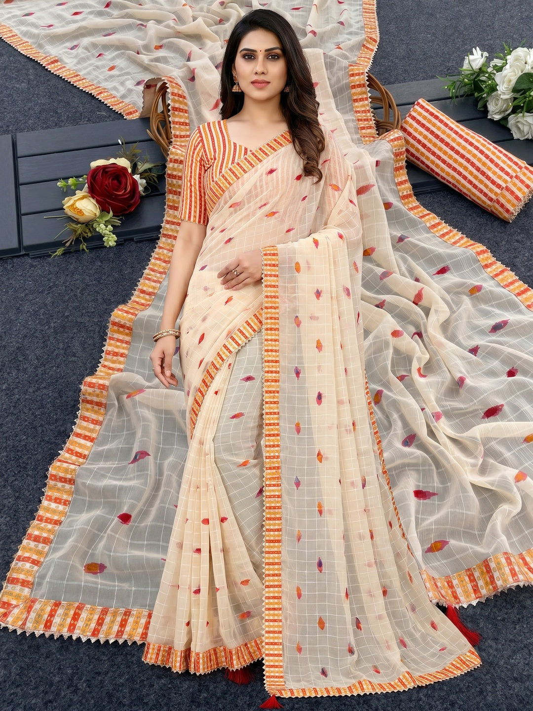 Cream Woven With Digital Printed Georgette Saree - Image 1