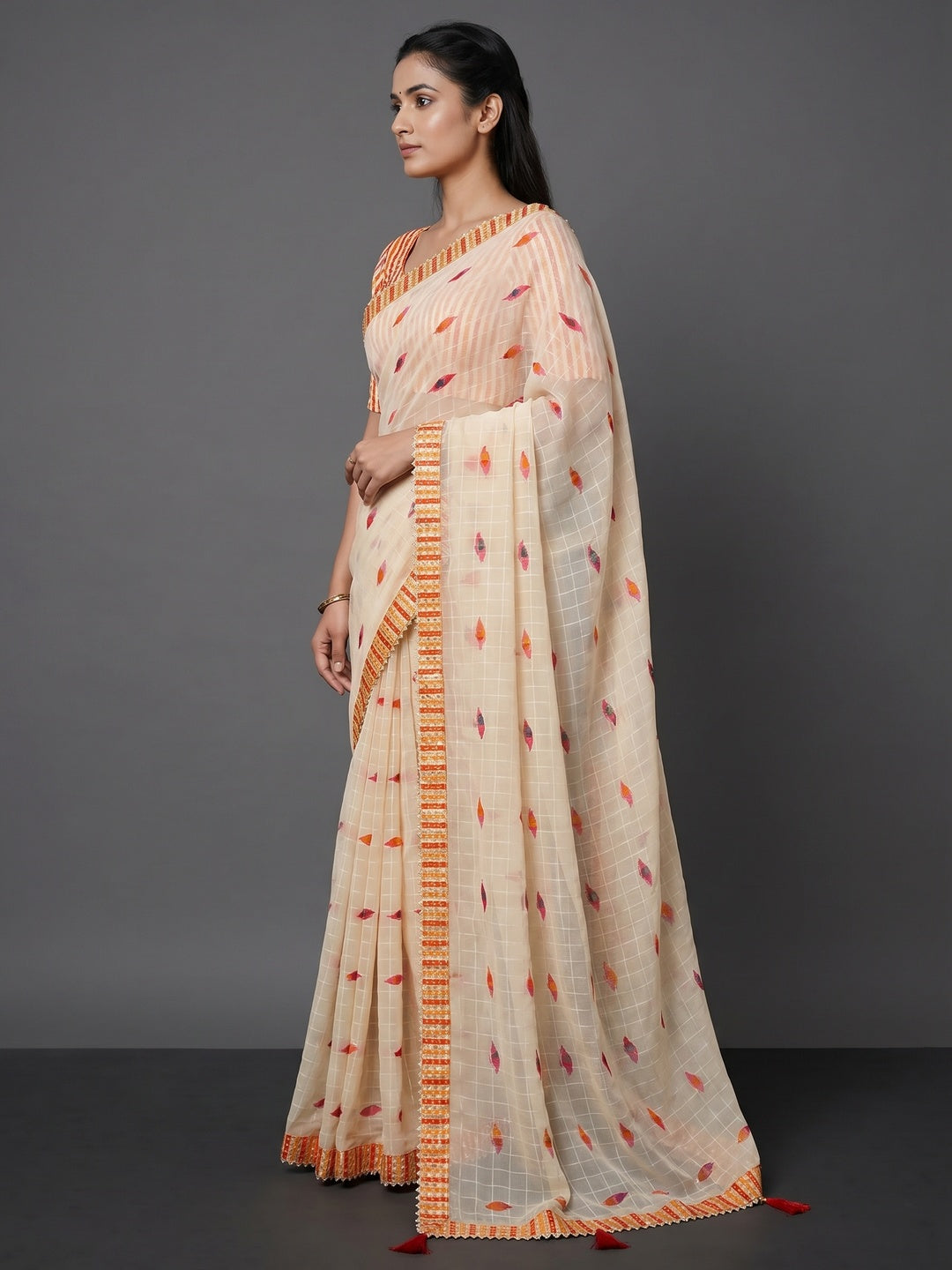 Cream Woven With Digital Printed Georgette Saree - Image 2