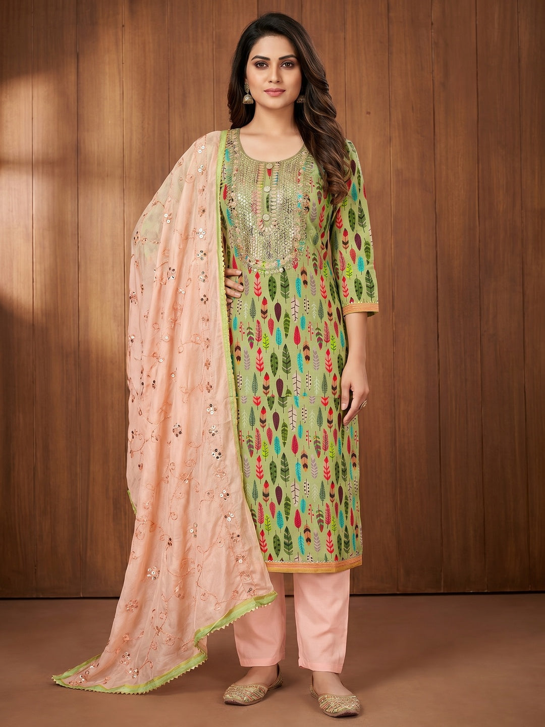 Green Digital Printed With Sequins Work Cotton Blend Dress Material - Image 1