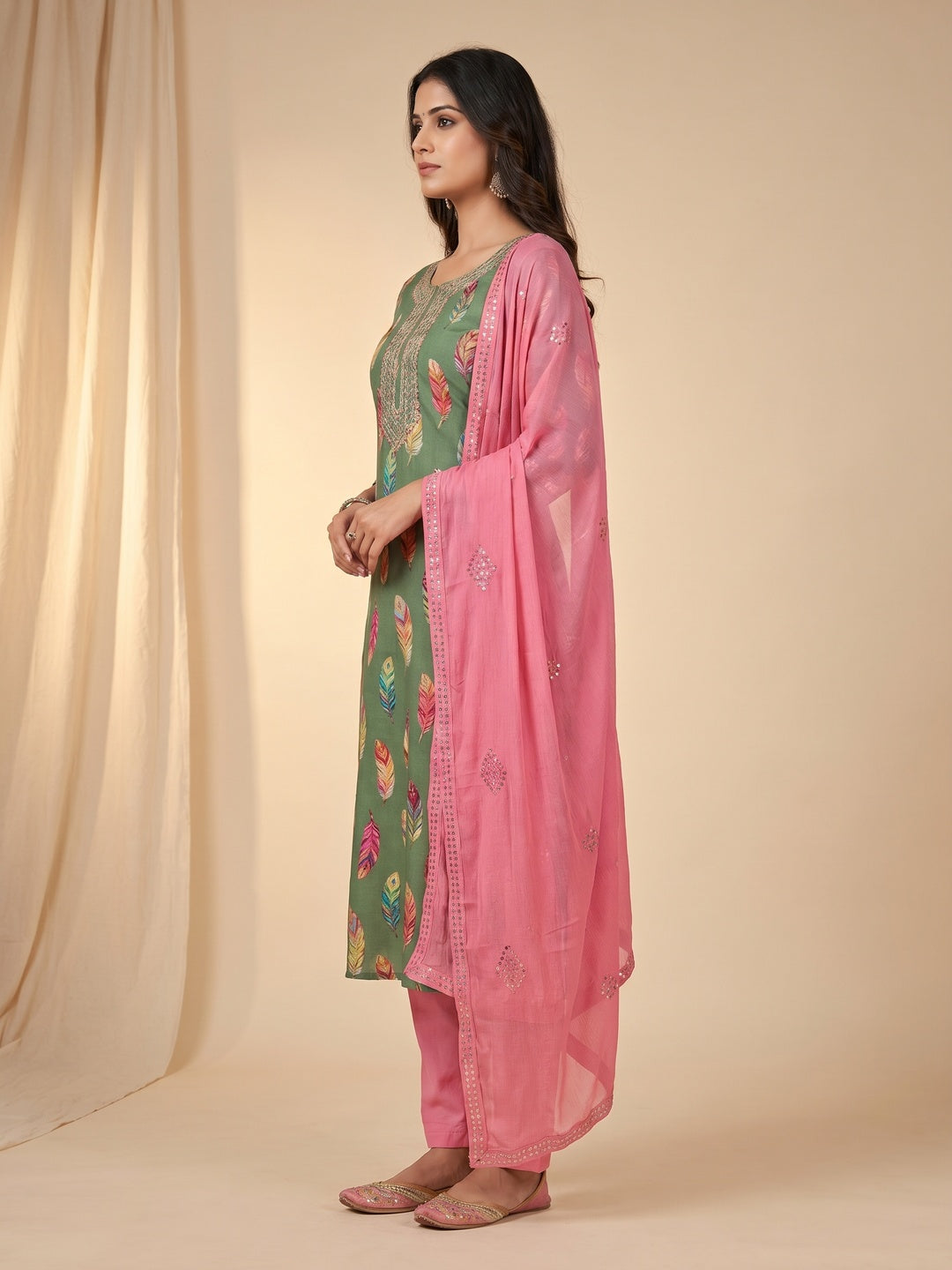 Green Digital Printed With Sequins Work Cotton Blend Dress Material - Image 2
