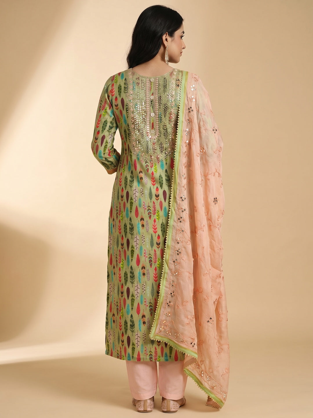 Green Digital Printed With Sequins Work Cotton Blend Dress Material - Image 3