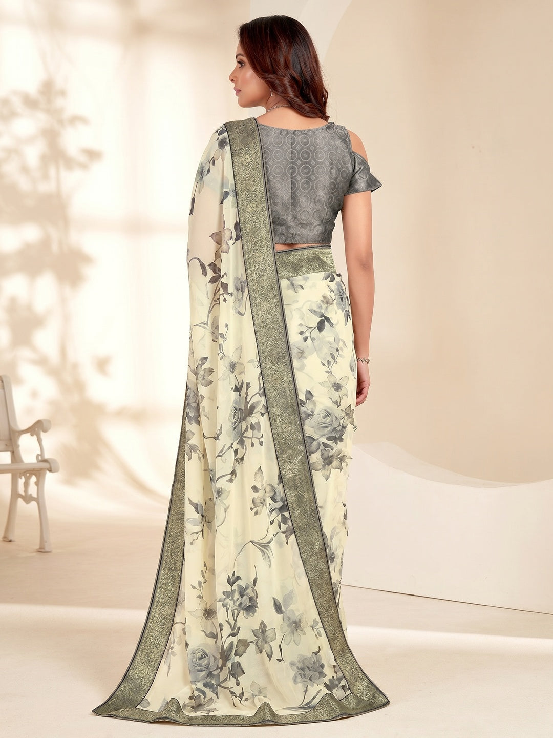 Off White Floral Printed Georgette Saree With Embroidered Border - Image 1
