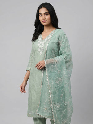 Sea Green Embroidered Moti Work Pure Cotton Dress Material - Image 1
