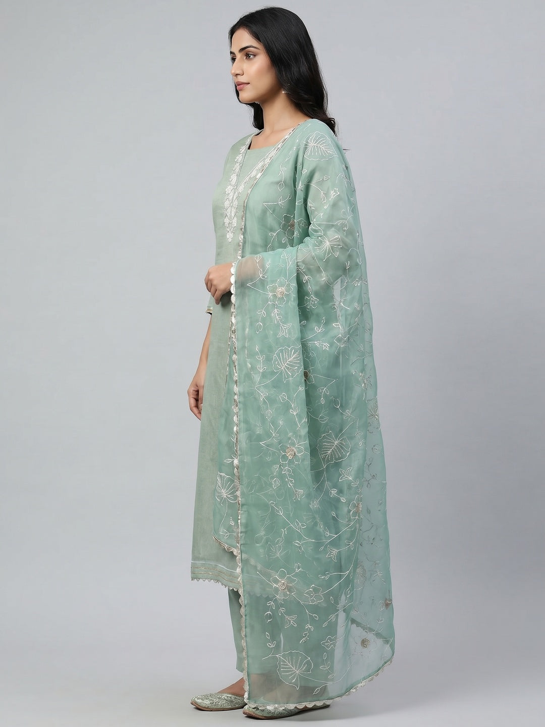 Sea Green Embroidered Moti Work Pure Cotton Dress Material - Image 2