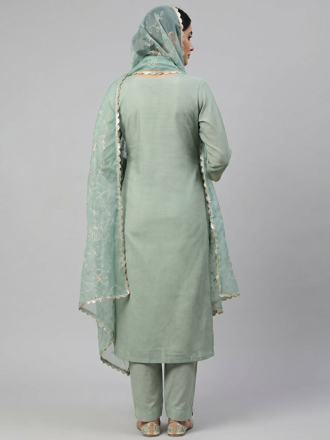 Sea Green Embroidered Moti Work Pure Cotton Dress Material - Image 3