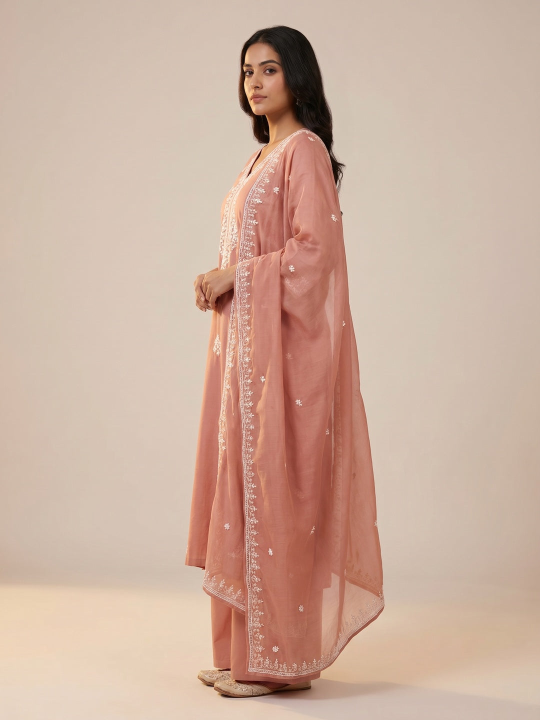 Dusty Peach Embroidered Moti Work Pure Cotton Dress Material - Image 3