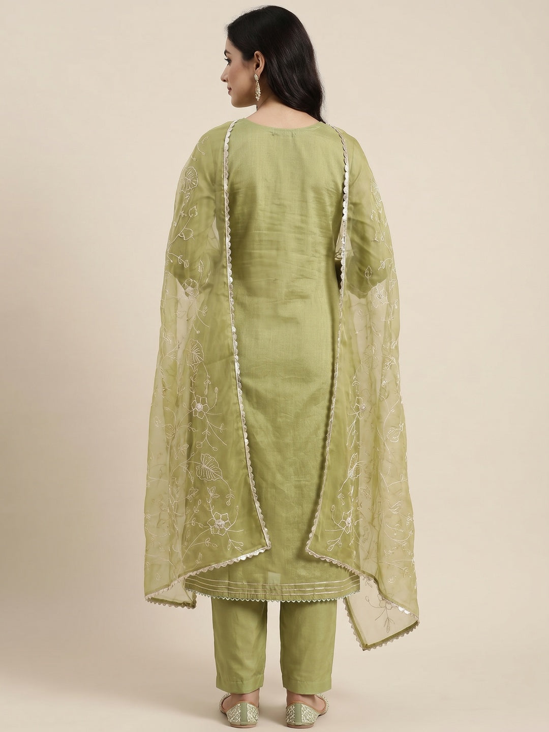 Green Embroidered Moti Work Pure Cotton Dress Material - Image 2