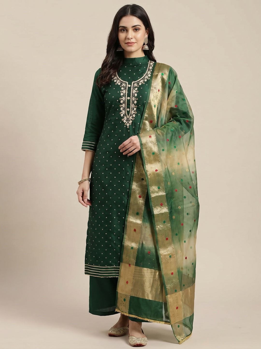 Green Woven With Handwork Chanderi Silk Dress Material - Image 1