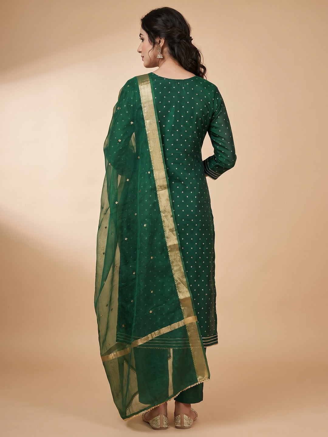 Green Woven With Handwork Chanderi Silk Dress Material - Image 2