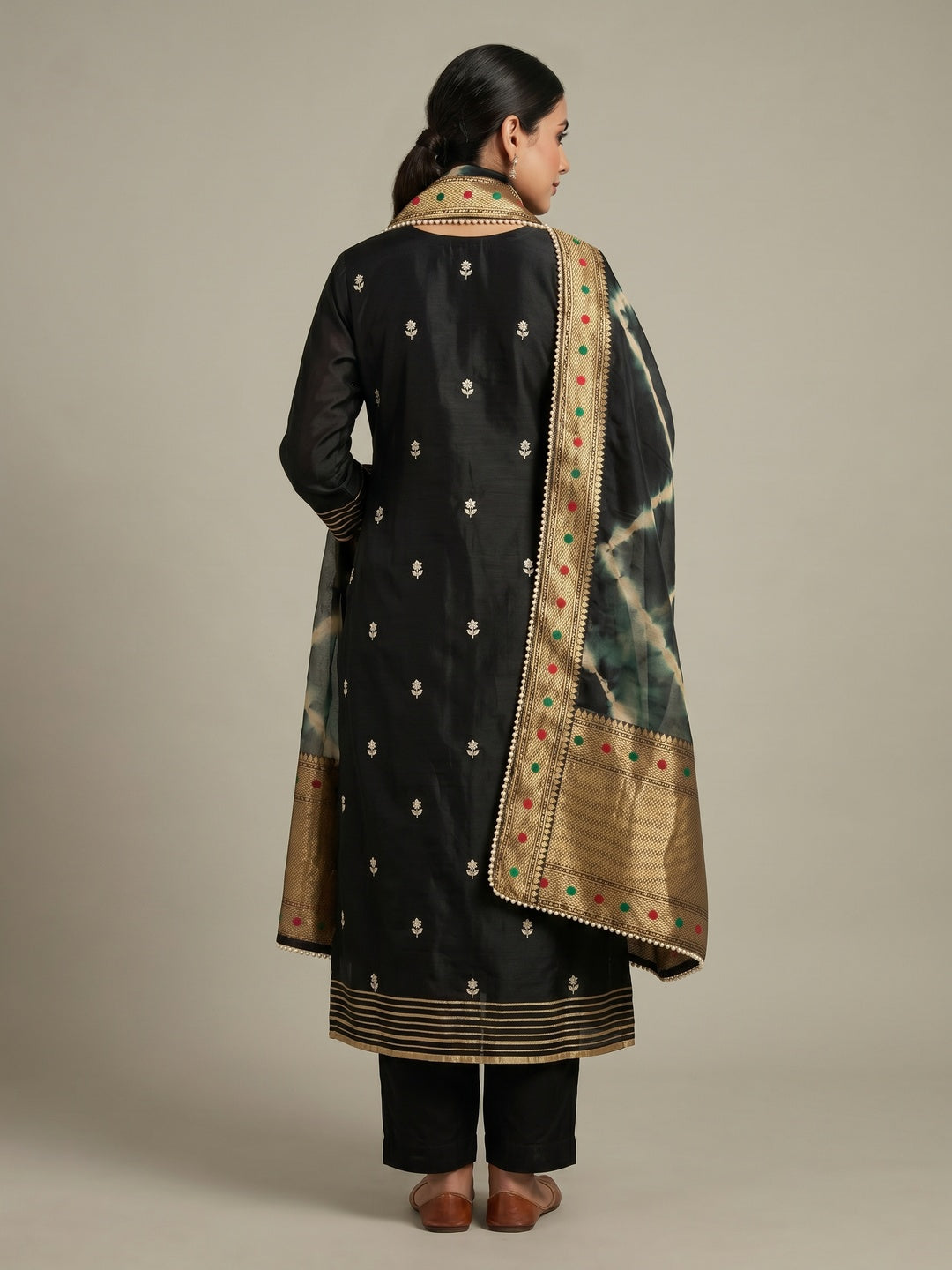 Black Woven With Handwork Chanderi Silk Dress Material - Image 2
