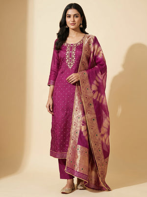 Magenta Woven With Handwork Chanderi Silk Dress Material - Image 1