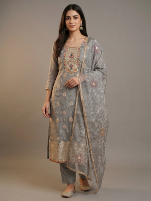 Grey Woven With Handwork Organza Dress Material - Image 1