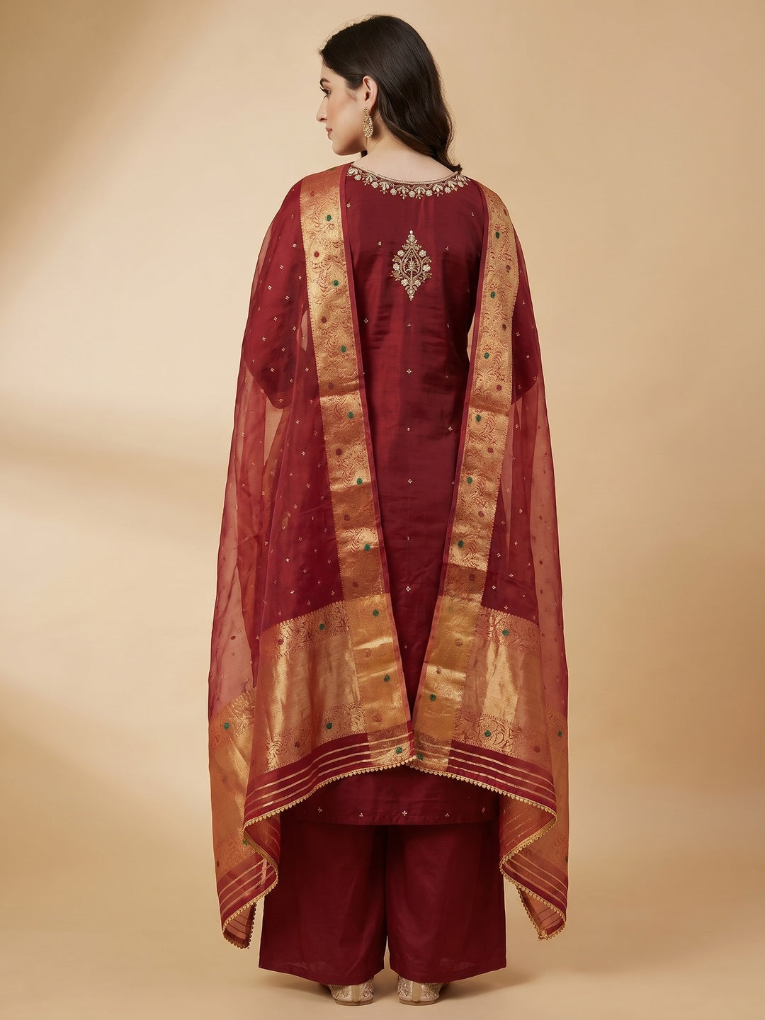 Maroon Woven With Handwork Chanderi Silk Dress Material - Image 2