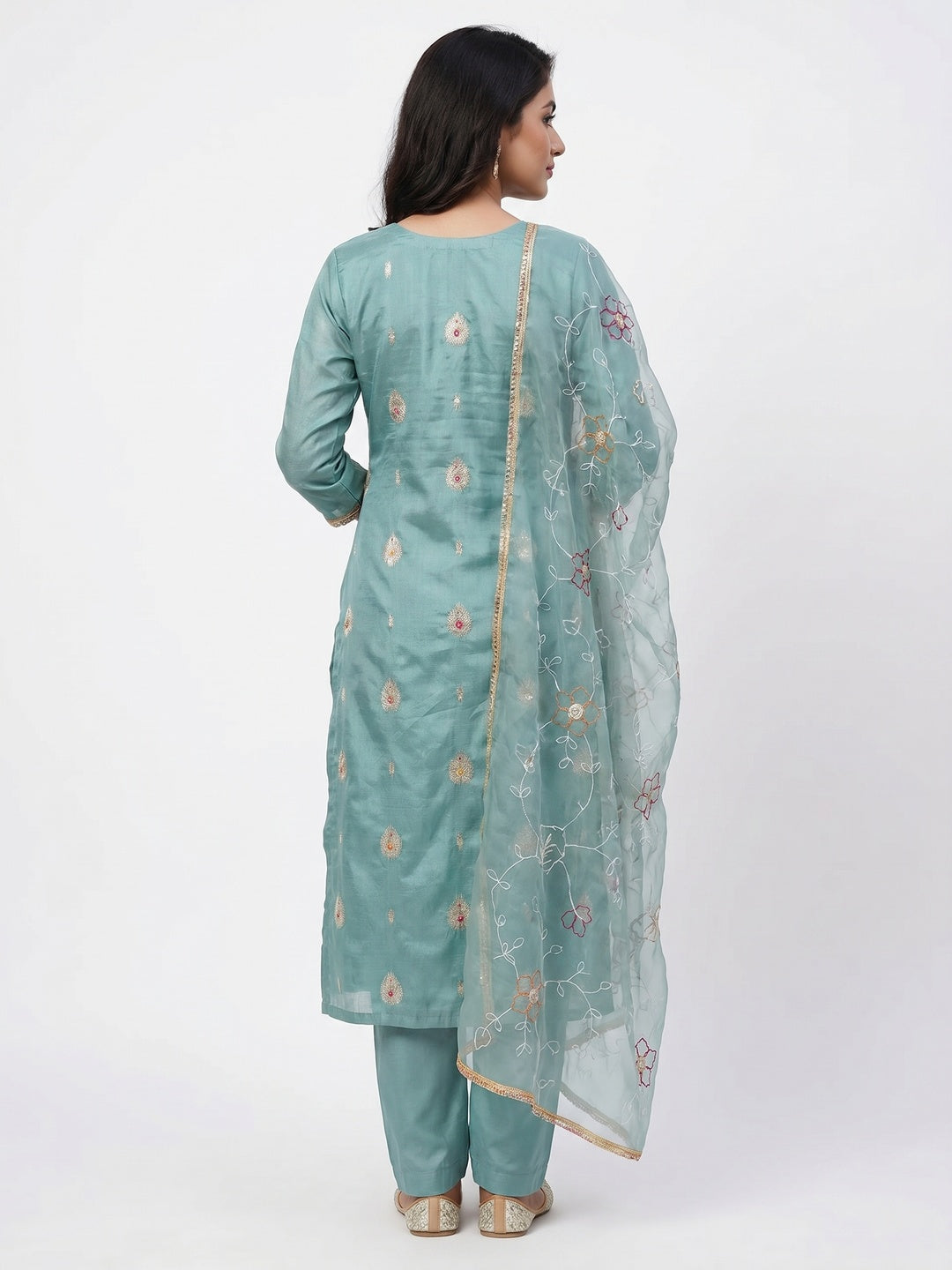 Blue Woven With Handwork Organza Dress Material - Image 2
