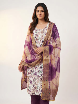 Purple Floral Printed With Handwork Pure Cotton Dress Material - Image 1
