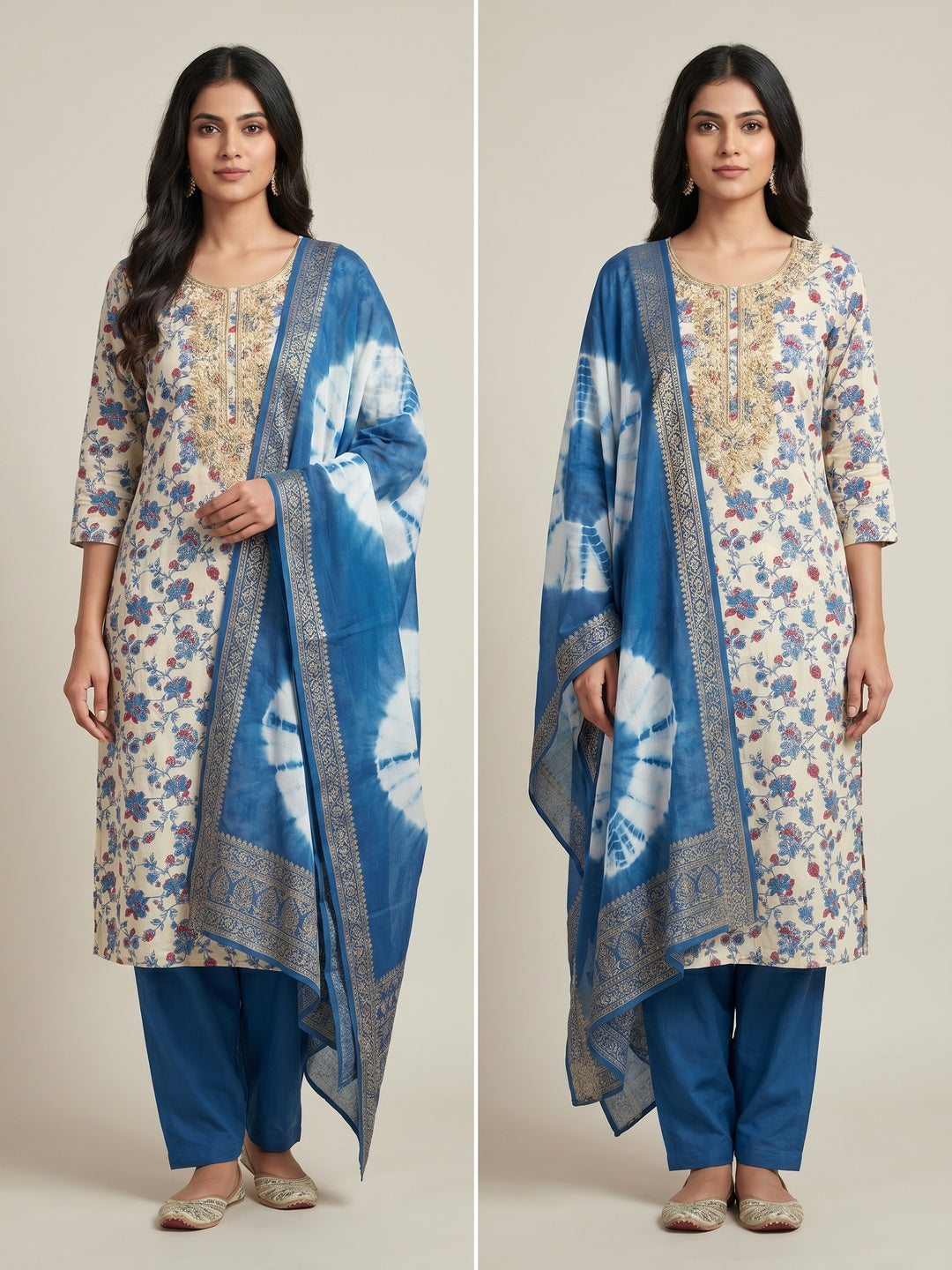 Blue Floral Printed With Handwork Pure Cotton Dress Material - Image 4