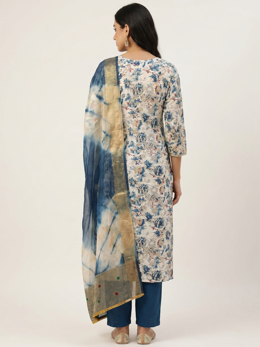 Blue Floral Printed With Handwork Pure Cotton Dress Material - Image 2