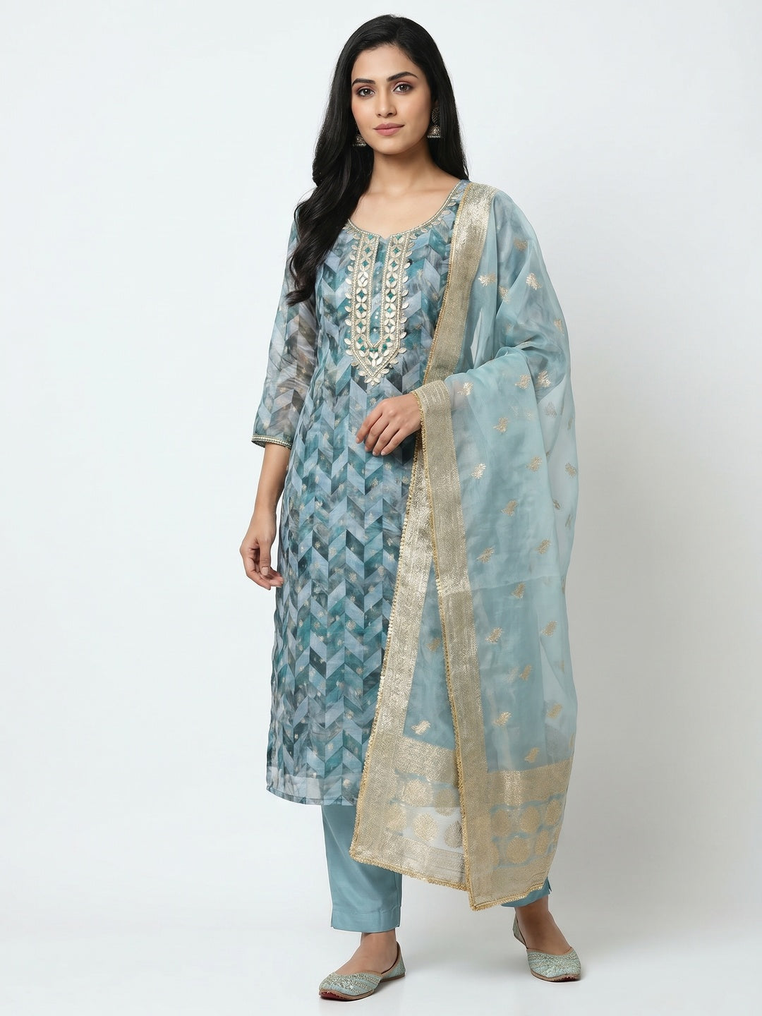 Blue Digital Printed With Woven Organza Dress Material - Image 1